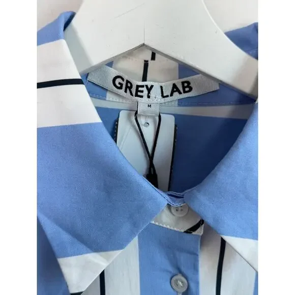 Grey Lab Stripe Power Shoulder Mini Shirtdress Powder Blue/ White Womens M NWT - Picture 7 of 11